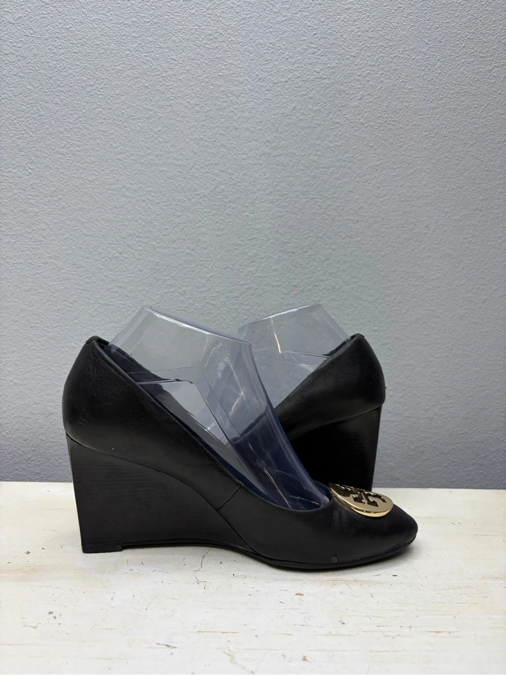 Tory Burch Black Leather Sally Wedge Sandals Size 7.5